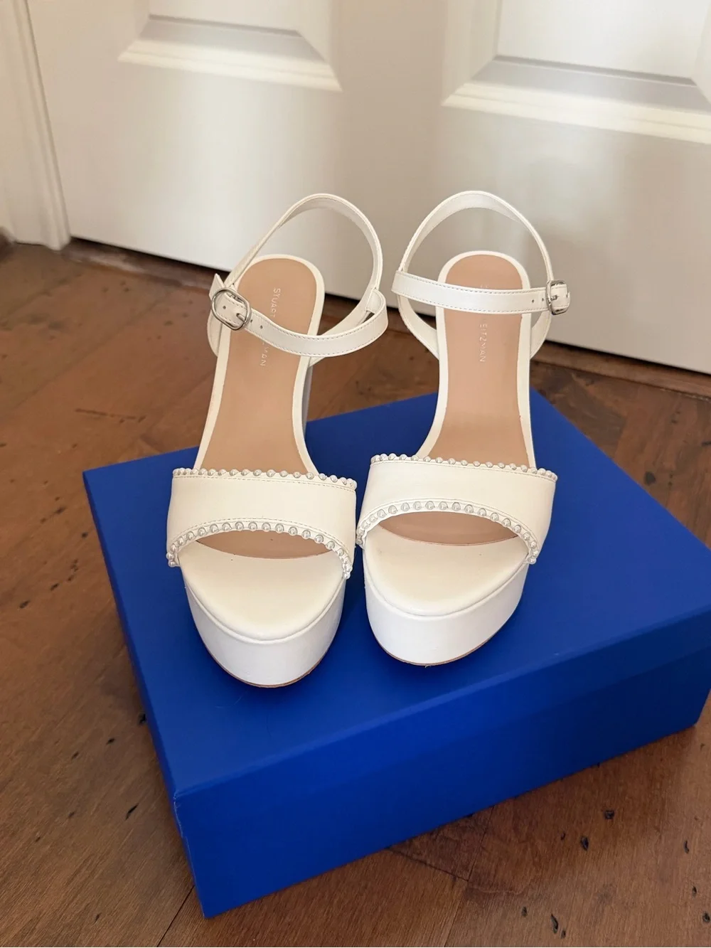Stuart Weitzman White Platform Block Heel Sandals